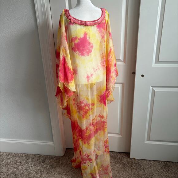 Stunning Silk Women’s Tie Dye Multicolor Kaftan Boho Ethereal Coverup OS - Picture 6 of 16